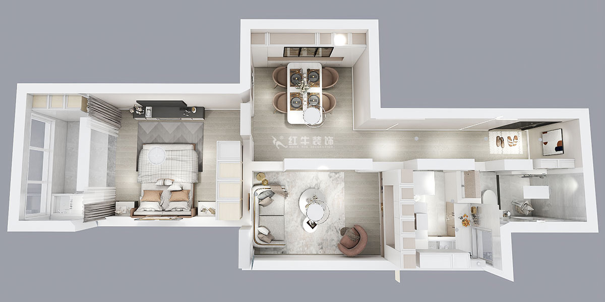 顧娟｜高樓門37-303-60㎡-現(xiàn)代風格｜1室2廳1衛(wèi)｜舊房裝修｜定制家￥90700｜全包11萬｜00_04鳥瞰圖