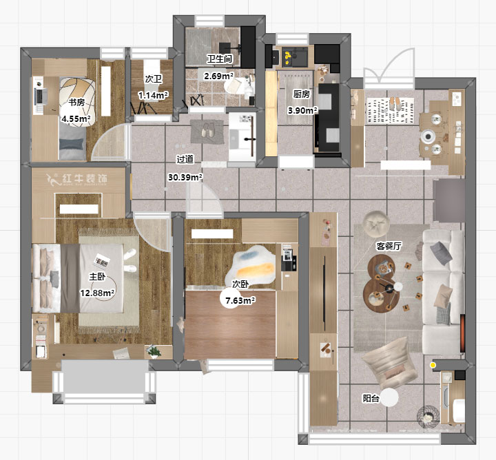 蔣?。鼕W園金基天著尚居5-1002-85㎡-現(xiàn)代簡約風(fēng)格｜3室2廳1衛(wèi)｜新房裝修｜定制家｜全包12萬｜00_04彩平面
