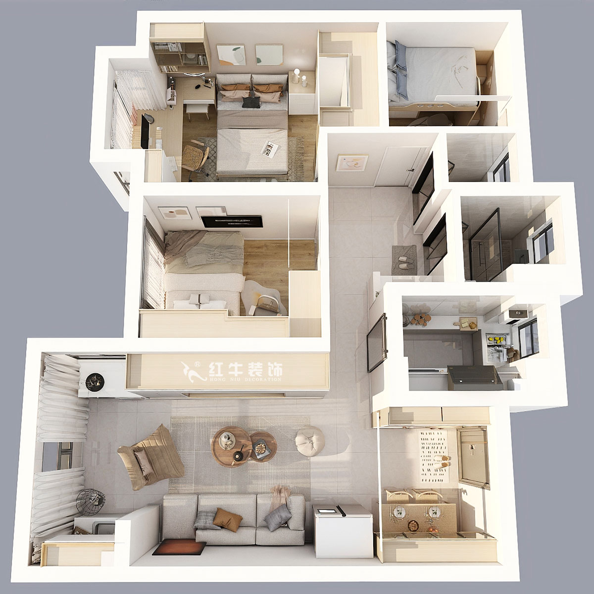 蔣?。鼕W園金基天著尚居5-1002-85㎡-現(xiàn)代簡約風(fēng)格｜3室2廳1衛(wèi)｜新房裝修｜定制家｜全包12萬｜00_05彩色三維圖