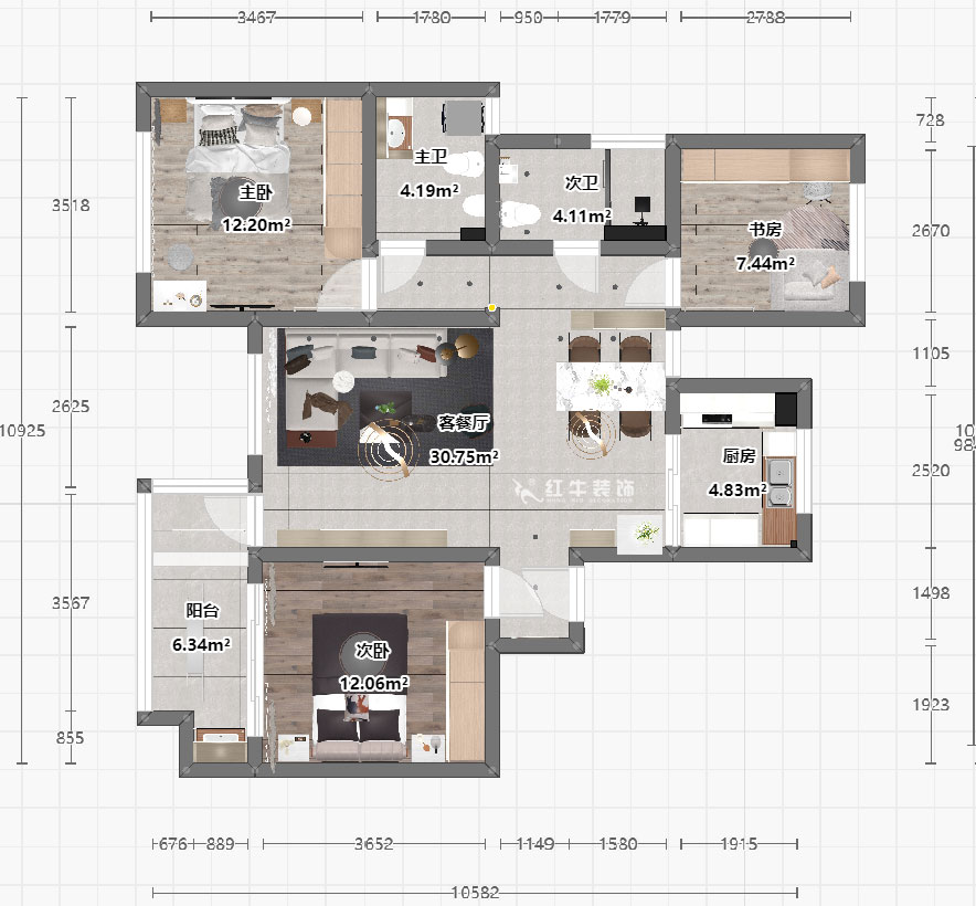 魏明花｜山水云房37-1502-123㎡-現(xiàn)代簡約風(fēng)格｜3室2廳2衛(wèi)｜毛坯房裝修｜定制家｜全包12萬｜00_03俯視圖
