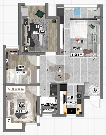 孟憲濤｜旭日愛上城星島園5-203-90㎡-簡約風(fēng)格｜3室1廳1衛(wèi)｜老房裝修｜定制家｜全包14萬｜00_03平面彩圖