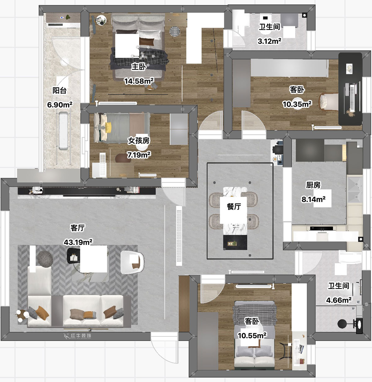 魏利利｜西苑公寓7-301-98㎡-現代簡約風格｜4室2廳2衛(wèi)｜老房改造｜定制家｜全包15萬｜00_03平面彩圖