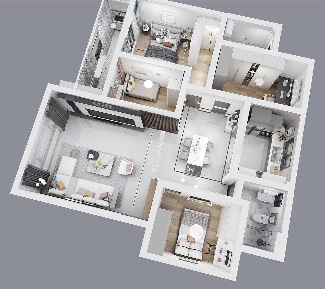 魏利利｜西苑公寓7-301-98㎡-現代簡約風格｜4室2廳2衛(wèi)｜老房改造｜定制家｜全包15萬｜00_04鳥瞰圖