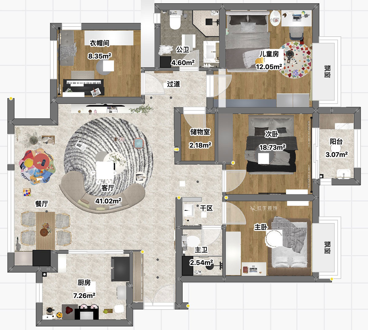 魏利利｜萬(wàn)達(dá)茂御湖世家二期7-1905-131㎡-現(xiàn)代簡(jiǎn)約風(fēng)格｜4室2廳2衛(wèi)｜毛坯房裝修｜定制家｜全包17萬(wàn)｜00_03平面彩圖