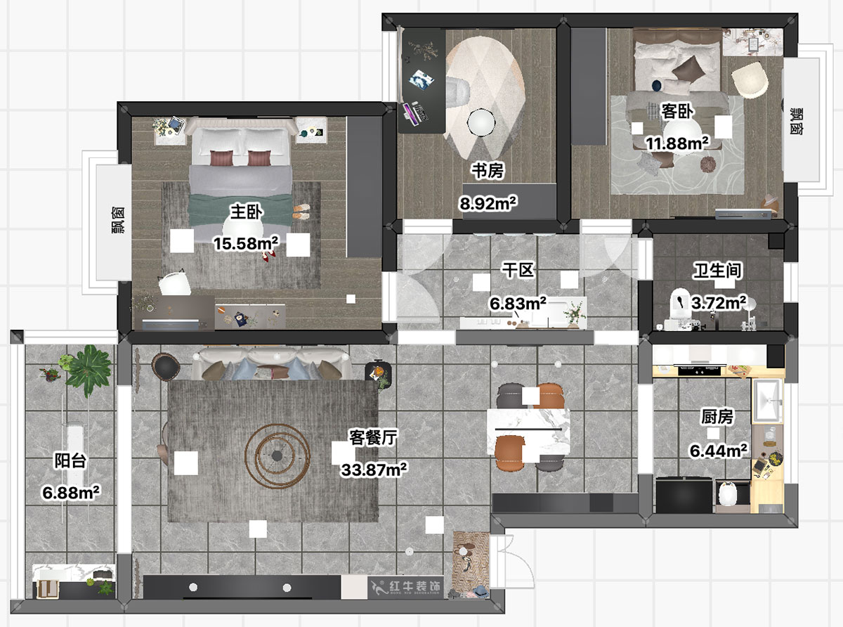 吳波｜水岸康城43-102-110㎡-現(xiàn)代風(fēng)格｜3室2廳1衛(wèi)｜舊房裝修｜定制家｜全包13萬(wàn)｜00_03平面彩圖
