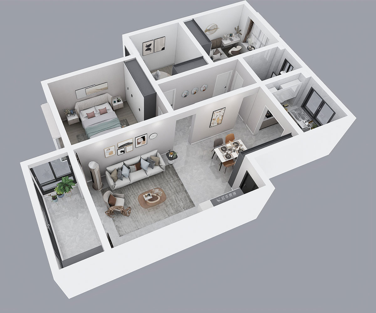 吳波｜水岸康城43-102-110㎡-現(xiàn)代風(fēng)格｜3室2廳1衛(wèi)｜舊房裝修｜定制家｜全包13萬(wàn)｜00_04鳥瞰圖