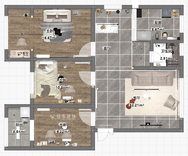 孟憲濤｜石門坎110號1-404-100㎡-現(xiàn)代簡約風格｜3室1廳1衛(wèi)｜老房裝修｜定制家｜全包14萬｜00_03平面彩圖