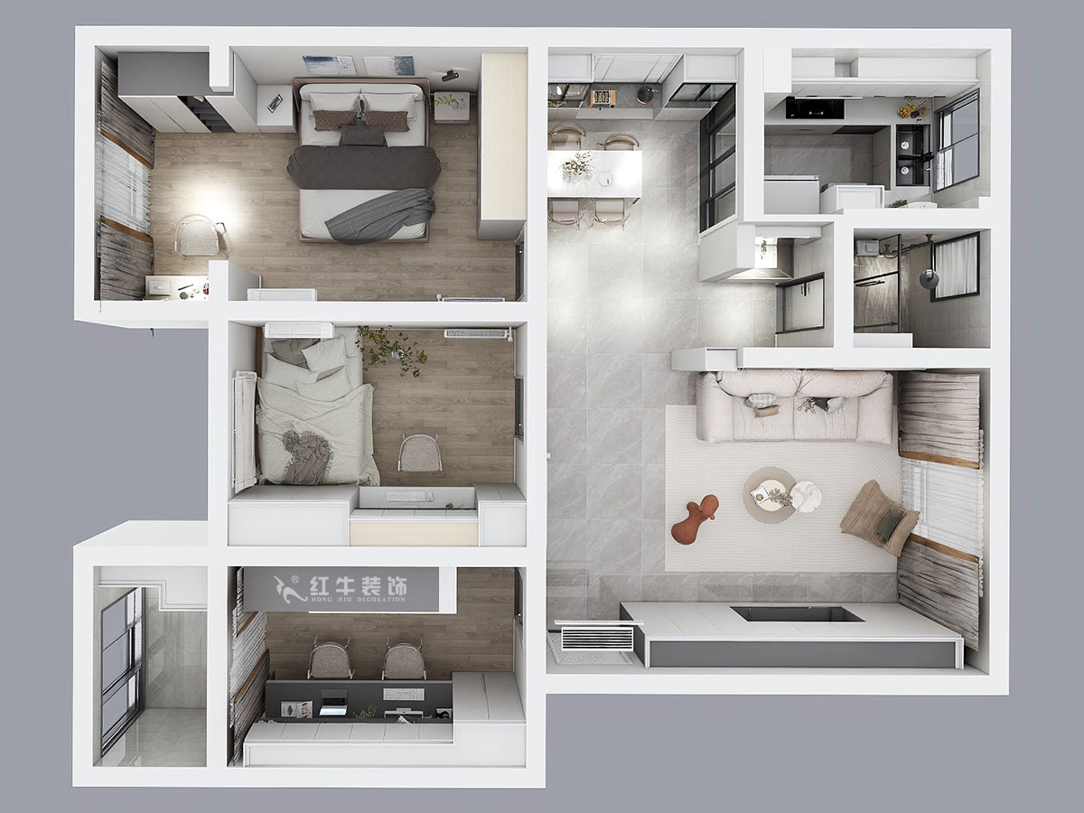 孟憲濤｜石門坎110號1-404-100㎡-現(xiàn)代簡約風格｜3室1廳1衛(wèi)｜老房裝修｜定制家｜全包14萬｜00_04鳥瞰圖