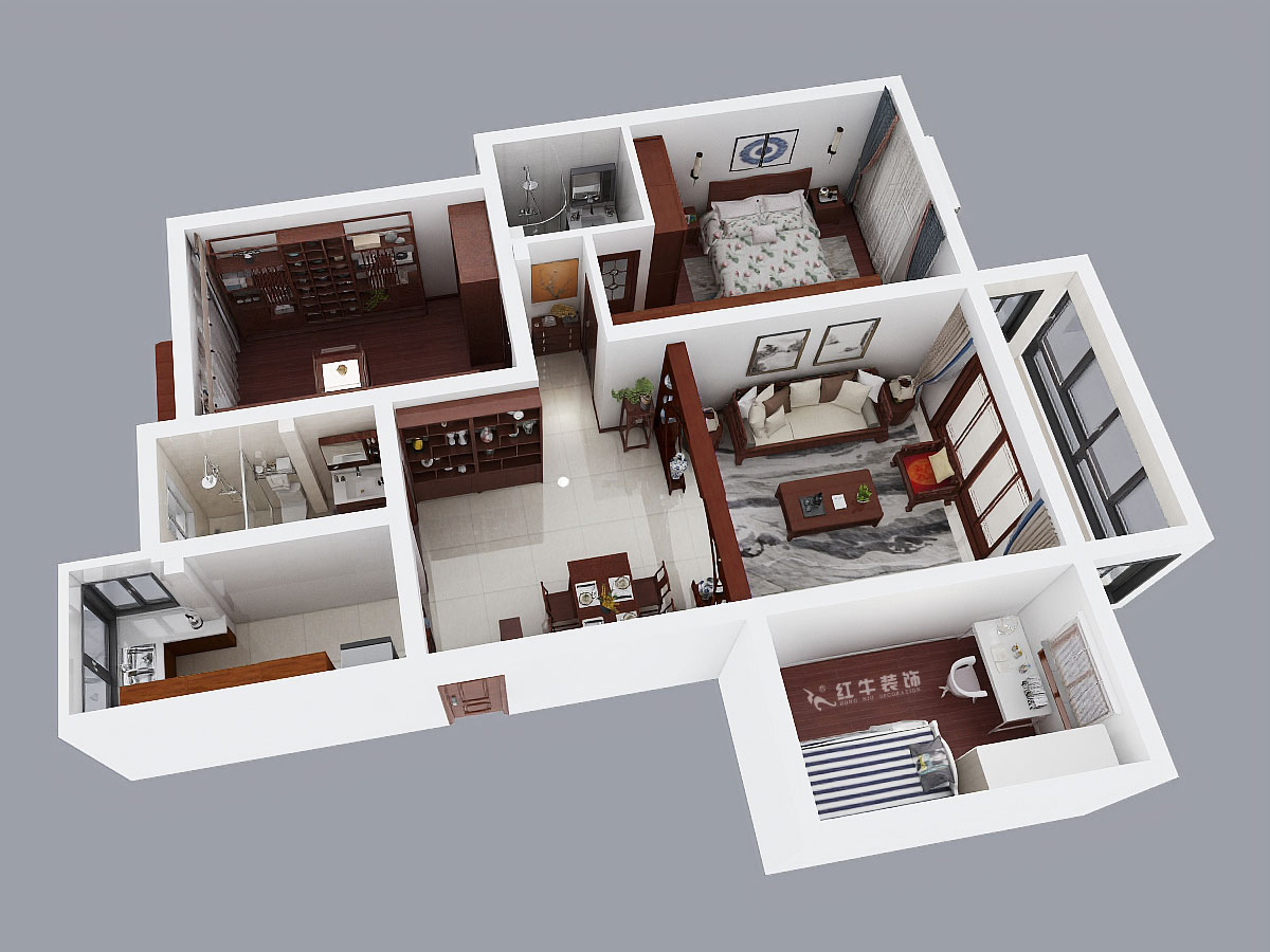 朱彥｜鳳翔花園4-104-110㎡-中式風(fēng)格｜3室2廳2衛(wèi)｜老房裝修｜定制家｜全包13萬(wàn)｜00_03鳥瞰圖