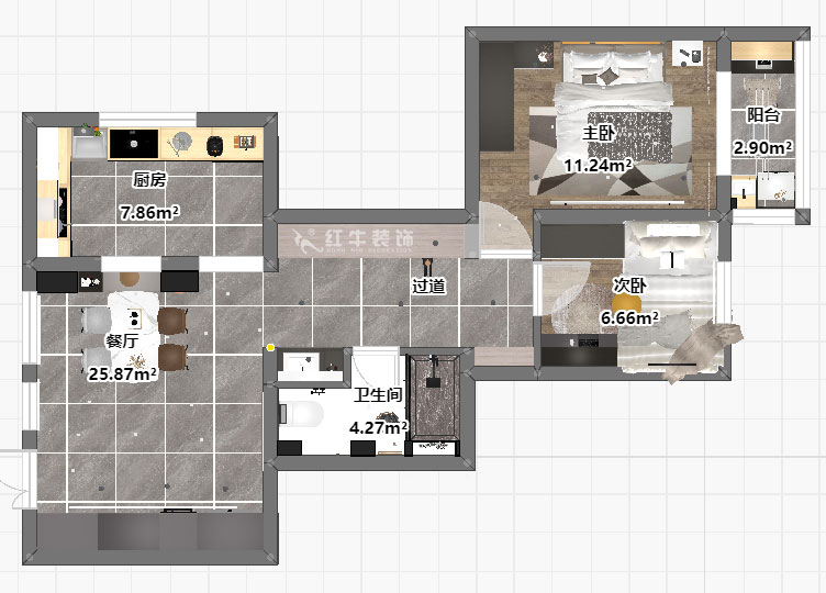 蔣琛｜華保新寓7-912-85㎡-簡(jiǎn)約風(fēng)格｜2室1廳1衛(wèi)｜老房裝修｜定制家｜全包12萬(wàn)｜00_03平面彩圖