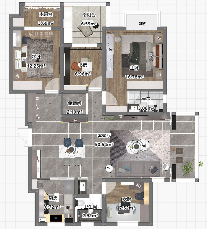 蔣?。欉\(yùn)嘉園18-2-304-140㎡-現(xiàn)代簡約風(fēng)格｜4室2廳2衛(wèi)｜新房裝修｜定制家｜全包22萬｜00_03平面彩圖