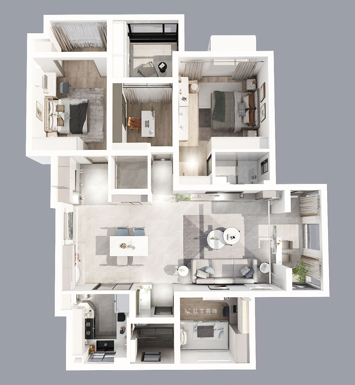 蔣琛｜鴻運(yùn)嘉園18-2-304-140㎡-現(xiàn)代簡約風(fēng)格｜4室2廳2衛(wèi)｜新房裝修｜定制家｜全包22萬｜00_04鳥瞰圖