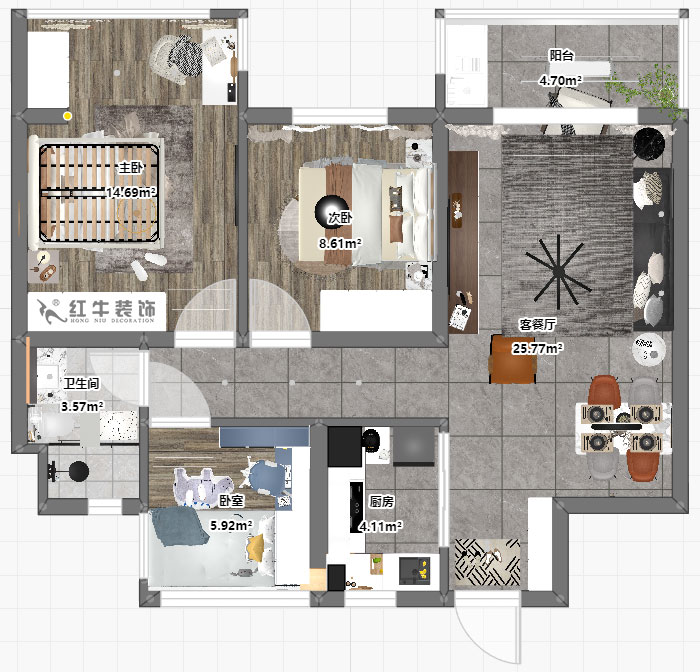劉小勇｜招商公園里1-303-88㎡-現(xiàn)代簡(jiǎn)約風(fēng)格｜3室2廳1衛(wèi)｜老房裝修｜定制家｜全包11萬｜00_03平面彩圖