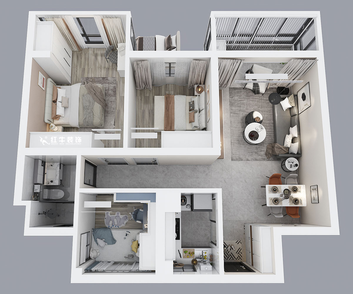 劉小勇｜招商公園里1-303-88㎡-現(xiàn)代簡(jiǎn)約風(fēng)格｜3室2廳1衛(wèi)｜老房裝修｜定制家｜全包11萬｜00_04鳥瞰圖