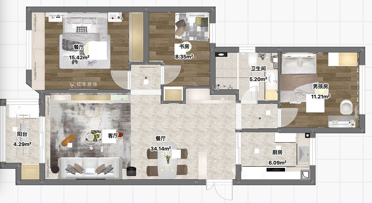 魏利利｜楓情水岸23-506-110㎡-現(xiàn)代簡約風(fēng)格｜3室2廳1衛(wèi)｜二手房改造｜定制家｜全包14萬｜00_04平面彩圖