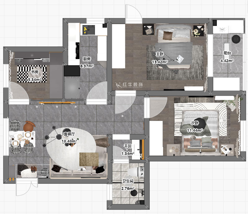 孟憲濤｜花崗幸福城玉蘭園10-201-90㎡-現(xiàn)代簡約風(fēng)格｜3室1廳1衛(wèi)｜老房裝修｜定制家｜全包13萬｜00_03平面彩圖