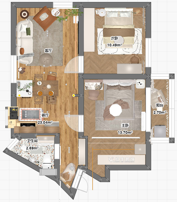 朱明琪｜瑞金新村23-504-1902-69㎡-現(xiàn)代簡約風格｜2室1廳1衛(wèi)｜老房翻新｜定制家｜全包12萬｜00_04平面彩圖