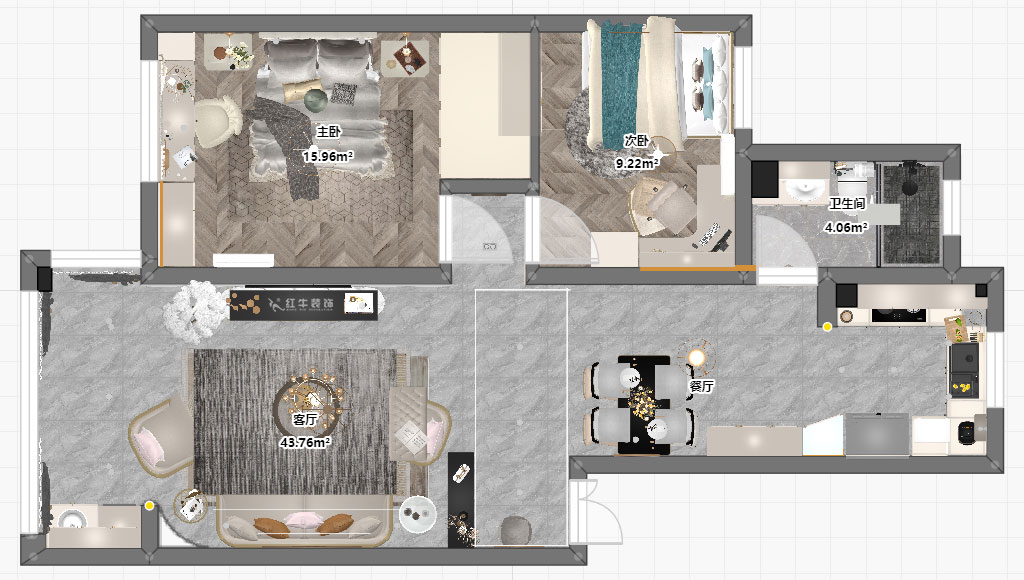 朱彥｜御水灣花園17-1-302-90㎡-簡(jiǎn)美風(fēng)格｜2室2廳1衛(wèi)｜老房裝修｜定制家｜全包12萬(wàn)｜00_03平面彩圖