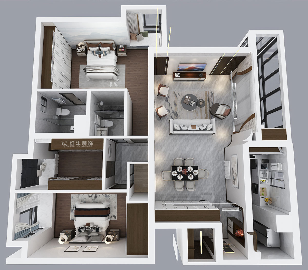 蔣?。┞°懢舾?-501-170㎡-中式風(fēng)格｜3室2廳2衛(wèi)｜舊房裝修｜定制家｜全包22萬｜00_04鳥瞰圖