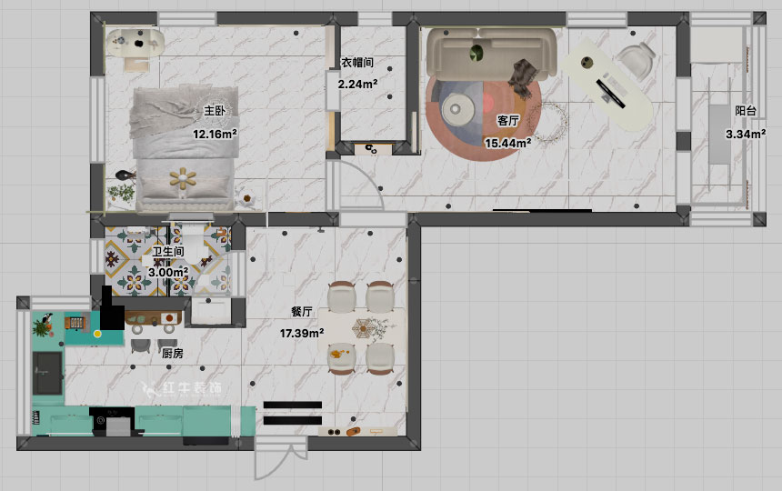 張智猿｜石鼓路39號2-201-60㎡-法式奶油風｜2室2廳1衛(wèi)｜老房裝修｜定制家｜全包13萬｜00_04平面彩圖