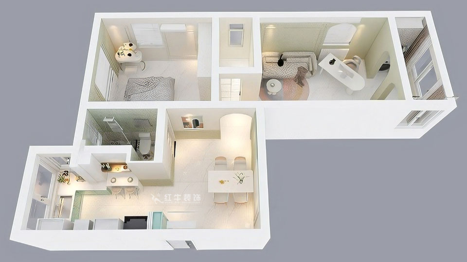 張智猿｜石鼓路39號2-201-60㎡-法式奶油風｜2室2廳1衛(wèi)｜老房裝修｜定制家｜全包13萬｜00_05鳥瞰圖