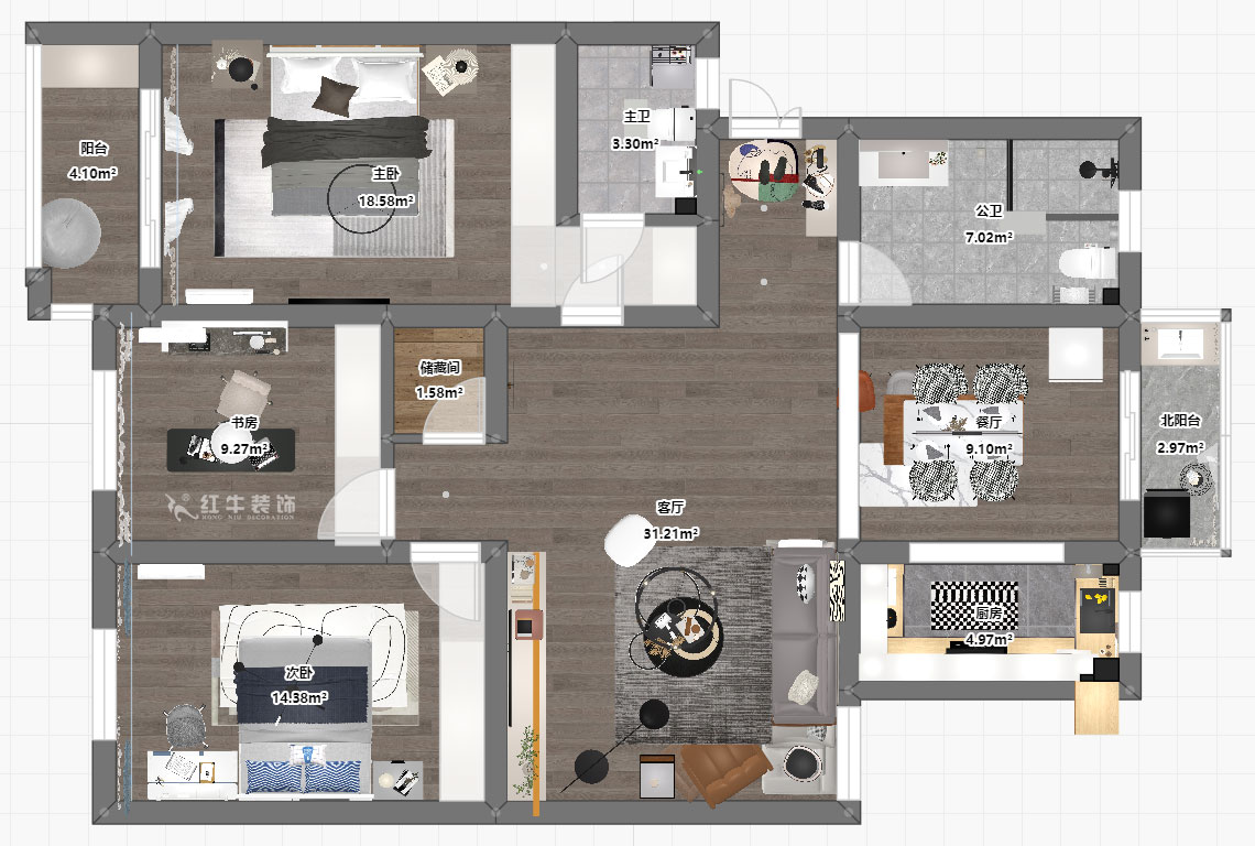 蔣琛｜時(shí)代雅居18-305-130㎡-現(xiàn)代簡約風(fēng)格｜3室2廳2衛(wèi)｜老房裝修｜定制家｜全包15萬｜00_03平面彩圖