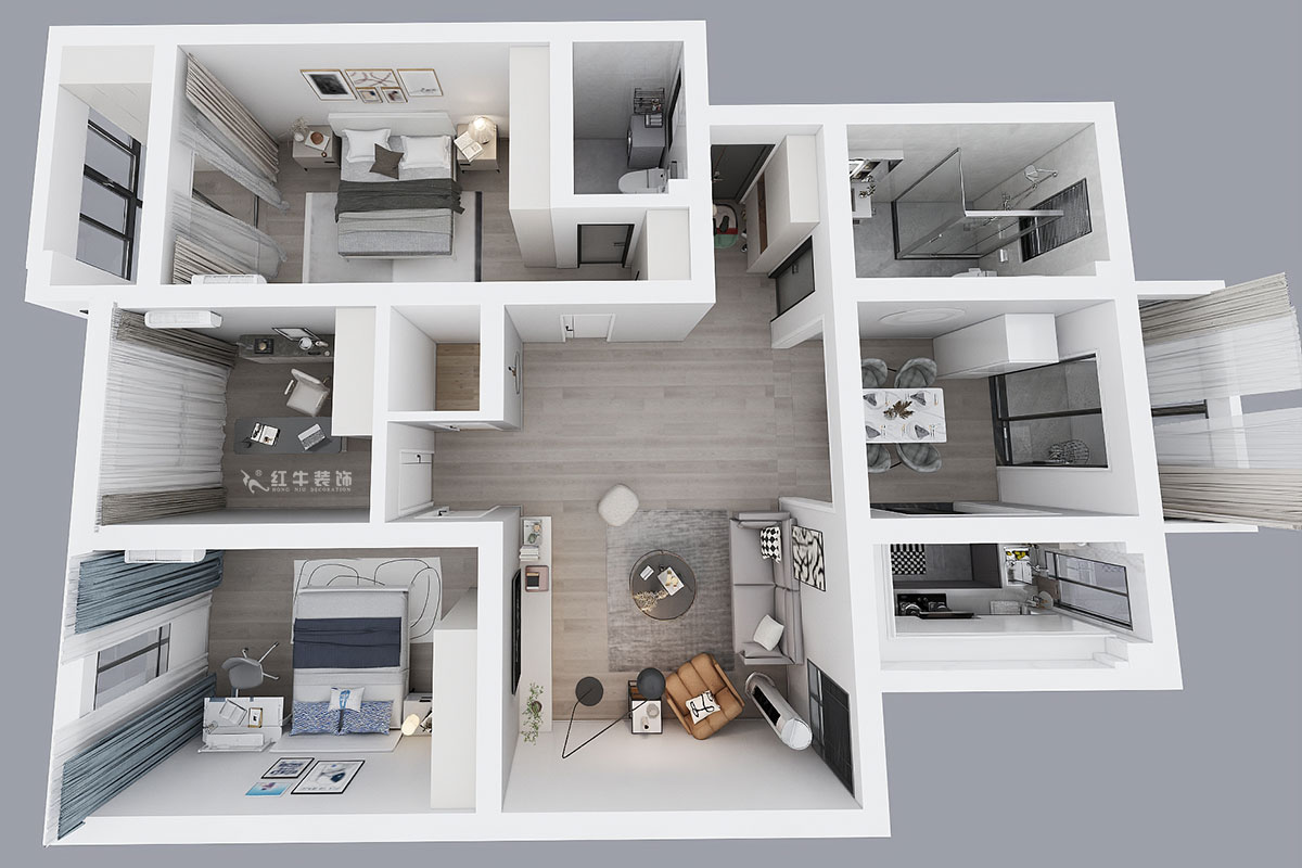 蔣?。鼤r(shí)代雅居18-305-130㎡-現(xiàn)代簡約風(fēng)格｜3室2廳2衛(wèi)｜老房裝修｜定制家｜全包15萬｜00_04鳥瞰圖