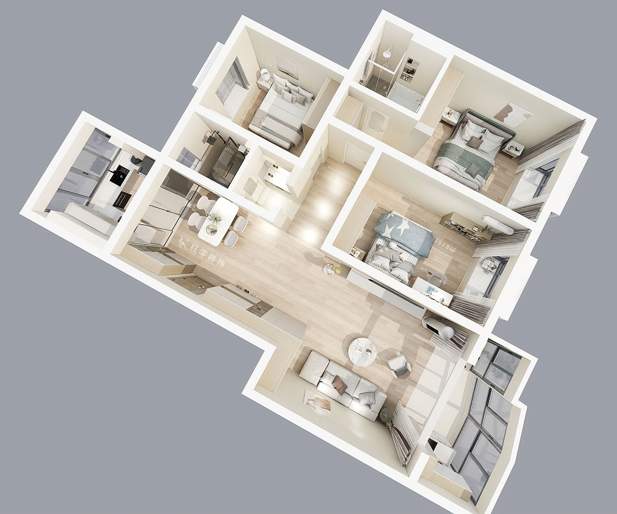 陸利民｜楓丹白露城市花園32-301-126㎡-現(xiàn)代簡約風(fēng)格｜3室2廳2衛(wèi)｜舊房裝修｜半包9萬｜00_04鳥瞰圖