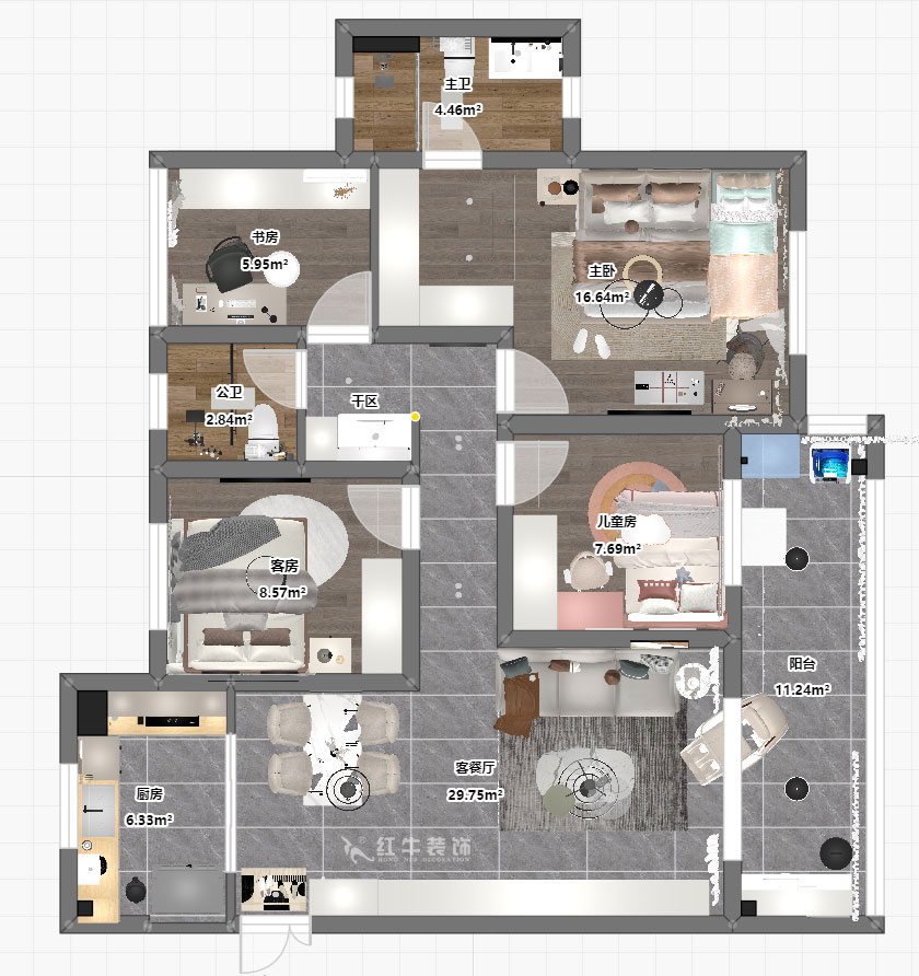 蔣琛｜香悅瀾山10-601-125㎡-現(xiàn)代簡約風(fēng)格｜4室2廳2衛(wèi)｜新房裝修｜定制家｜全包17萬｜00_03平面彩圖