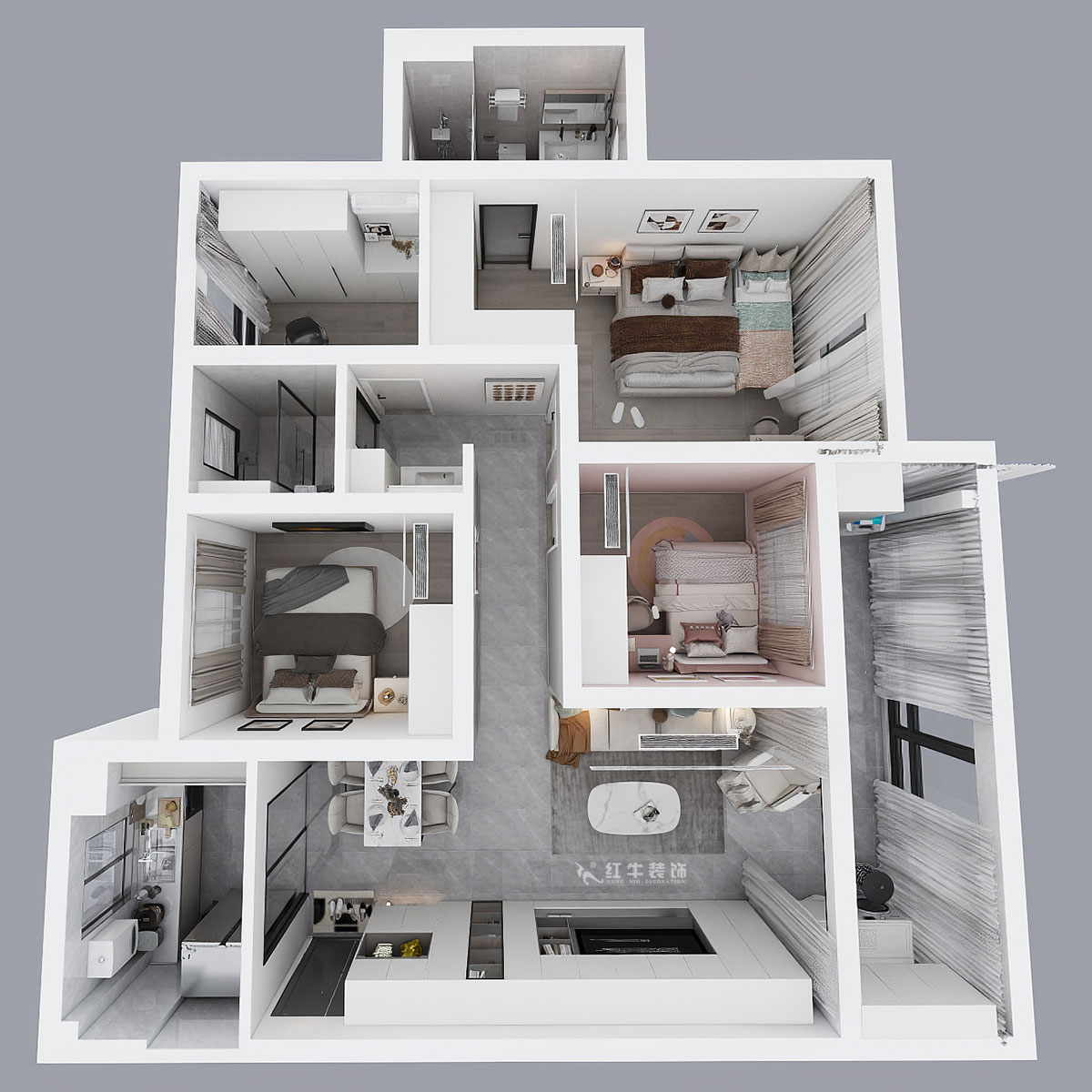蔣?。銗倿懮?0-601-125㎡-現(xiàn)代簡約風(fēng)格｜4室2廳2衛(wèi)｜新房裝修｜定制家｜全包17萬｜00_04鳥瞰圖