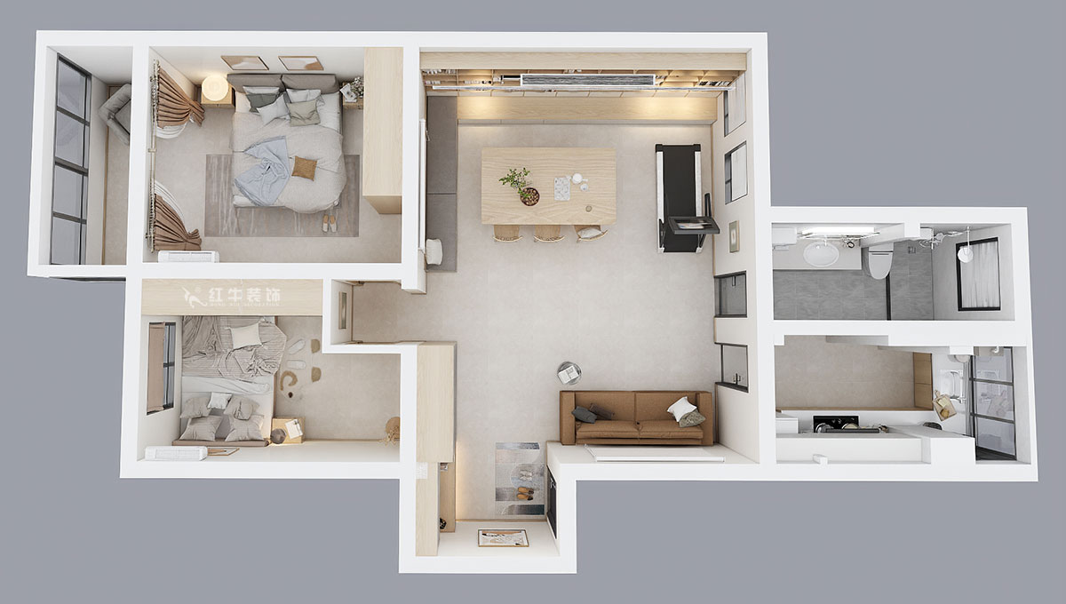 顧娟｜御河苑1-2-704-103㎡-現(xiàn)代簡約風(fēng)格｜2室2廳1衛(wèi)｜舊房裝修｜定制家｜全包13萬｜00_04鳥瞰圖