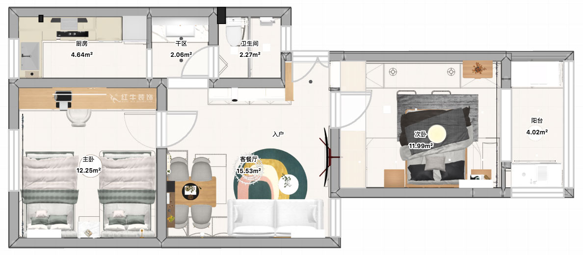 張智猿｜煤炭港60號1-3-102-60㎡-現(xiàn)代奶油風｜2室1廳1衛(wèi)｜老房裝修｜定制家｜全包12萬｜00_04平面彩圖