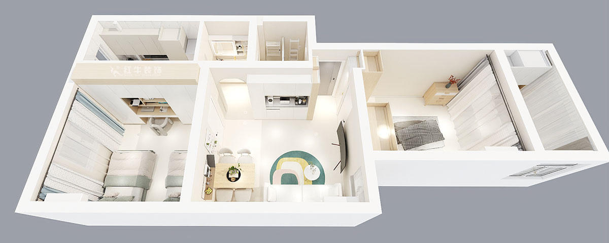 張智猿｜煤炭港60號1-3-102-60㎡-現(xiàn)代奶油風｜2室1廳1衛(wèi)｜老房裝修｜定制家｜全包12萬｜00_05鳥瞰圖