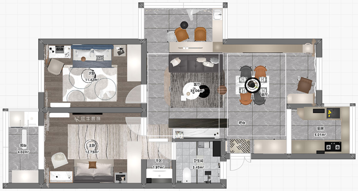 孟憲濤｜武定新村5-5-310-90㎡-現(xiàn)代簡約風格｜2室2廳1衛(wèi)｜老房裝修｜定制家｜全包14萬｜00_03平面彩圖