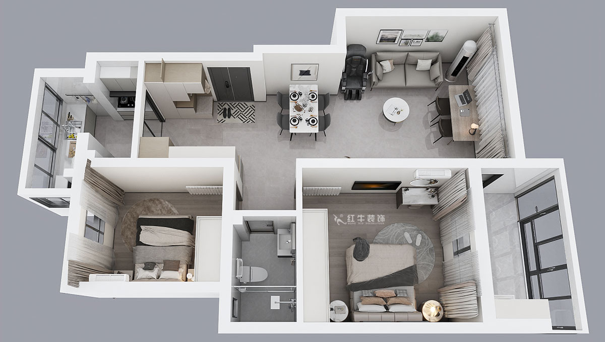 蔣琛｜鴻運嘉園12-104-90㎡-現代簡約風格｜2室2廳2衛(wèi)｜老房裝修｜定制家｜全包13萬｜00_04鳥瞰圖