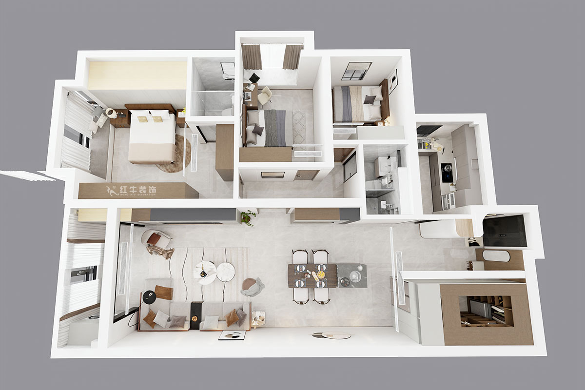 吳波｜京隆名爵府3-1107-165㎡-現(xiàn)代風格｜3室2廳2衛(wèi)｜新房裝修｜定制家｜全包21萬｜00_05鳥瞰圖