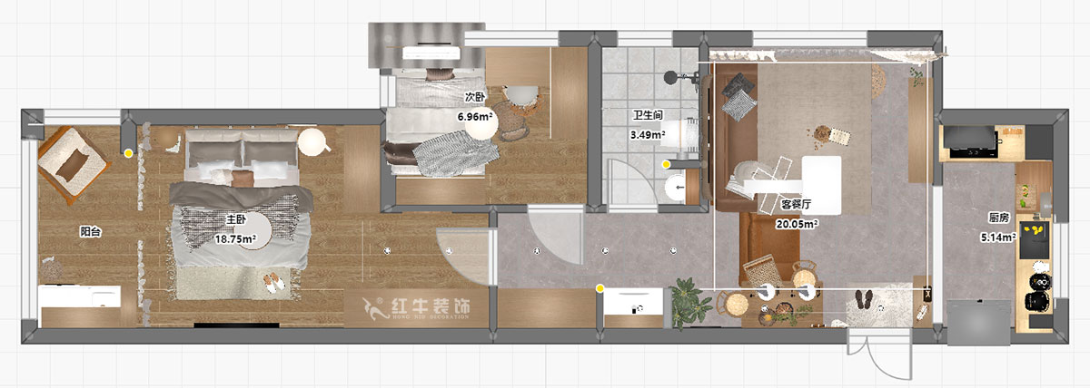 朱彥｜觀泓雅苑7-7-1710-75㎡-現(xiàn)代簡(jiǎn)約風(fēng)格｜2室1廳1衛(wèi)｜新房裝修｜定制家｜全包10萬｜00_03平面彩圖