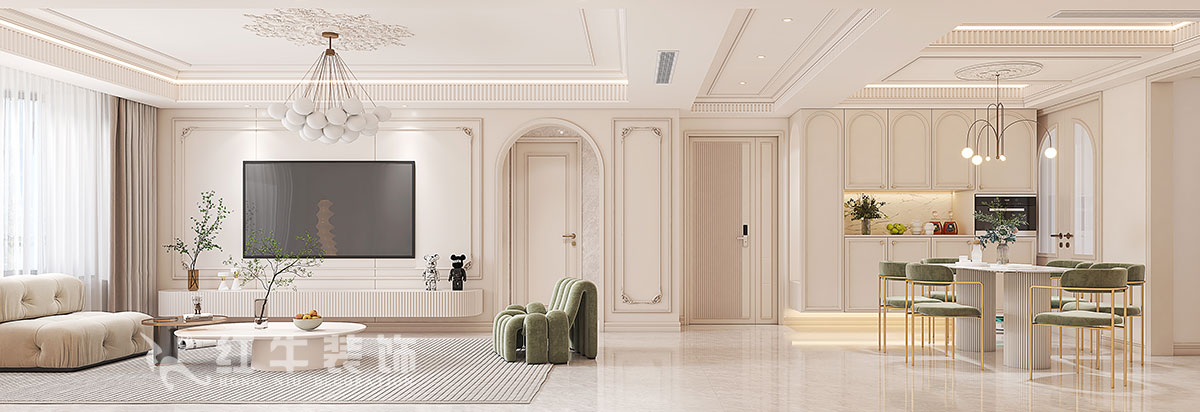 蔣?。鸪?1-3-2206-140㎡-法式奶油風格｜3室2廳2衛(wèi)｜新房裝修｜定制家｜全包23萬｜00電視背景