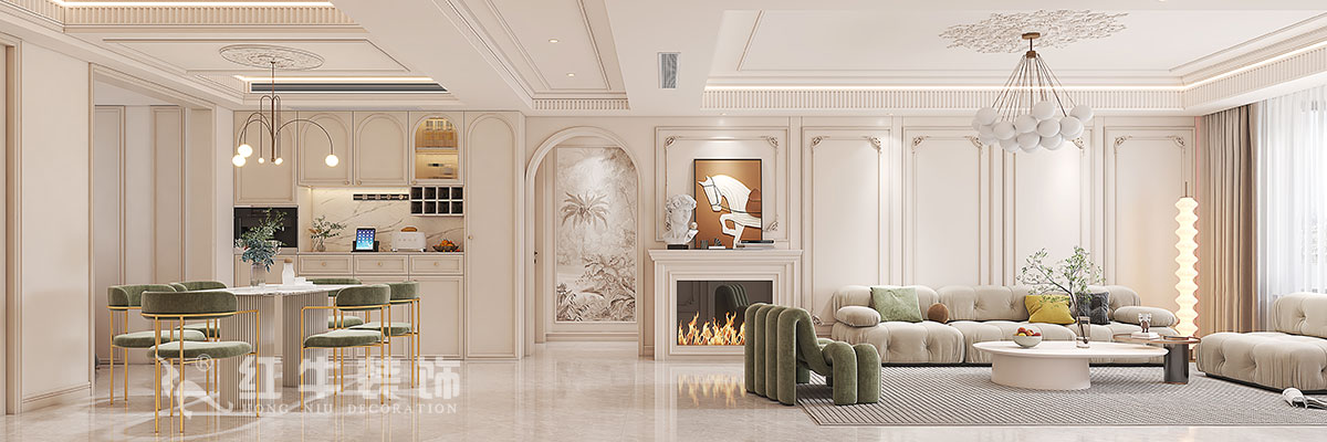 蔣?。鸪?1-3-2206-140㎡-法式奶油風格｜3室2廳2衛(wèi)｜新房裝修｜定制家｜全包23萬｜00沙發(fā)背景