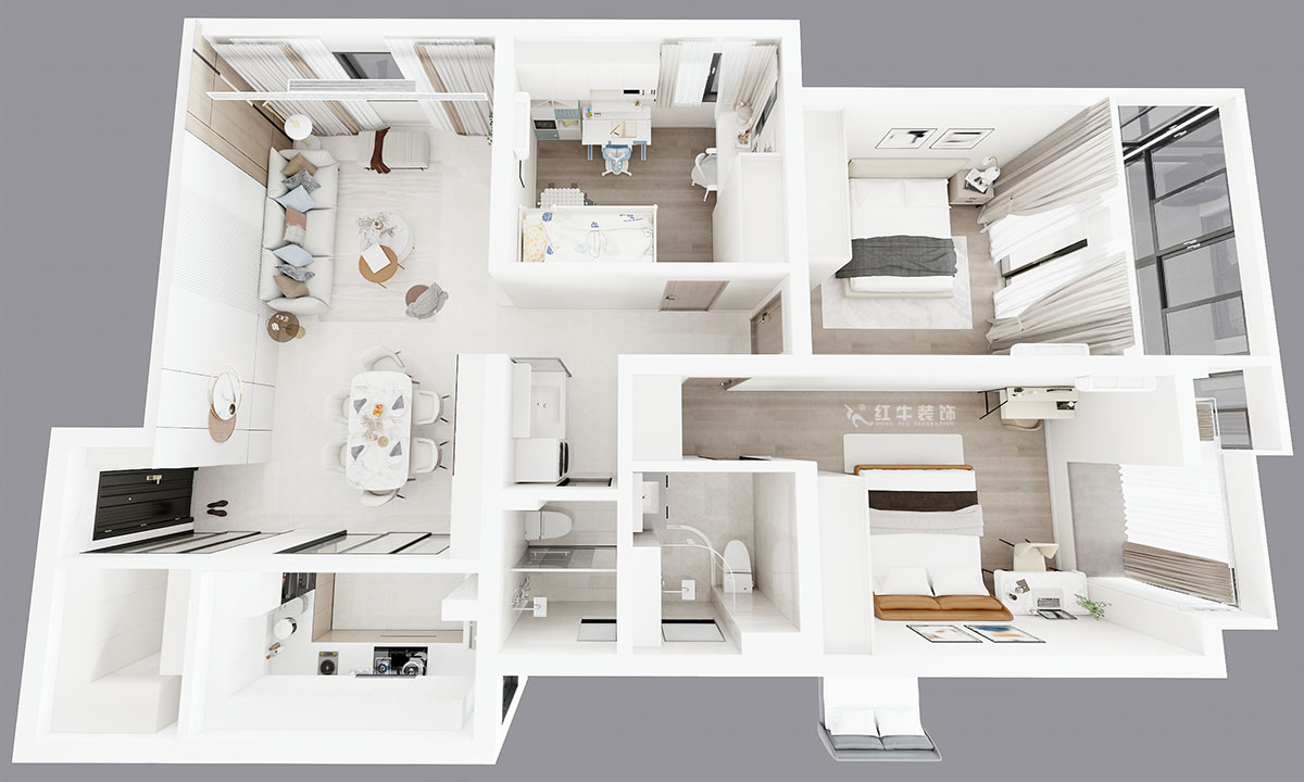 朱彥｜清江西苑17-2-1302-132㎡-現(xiàn)代簡約風格｜3室2廳2衛(wèi)｜老房裝修｜定制家｜全包14萬｜00_04鳥瞰圖