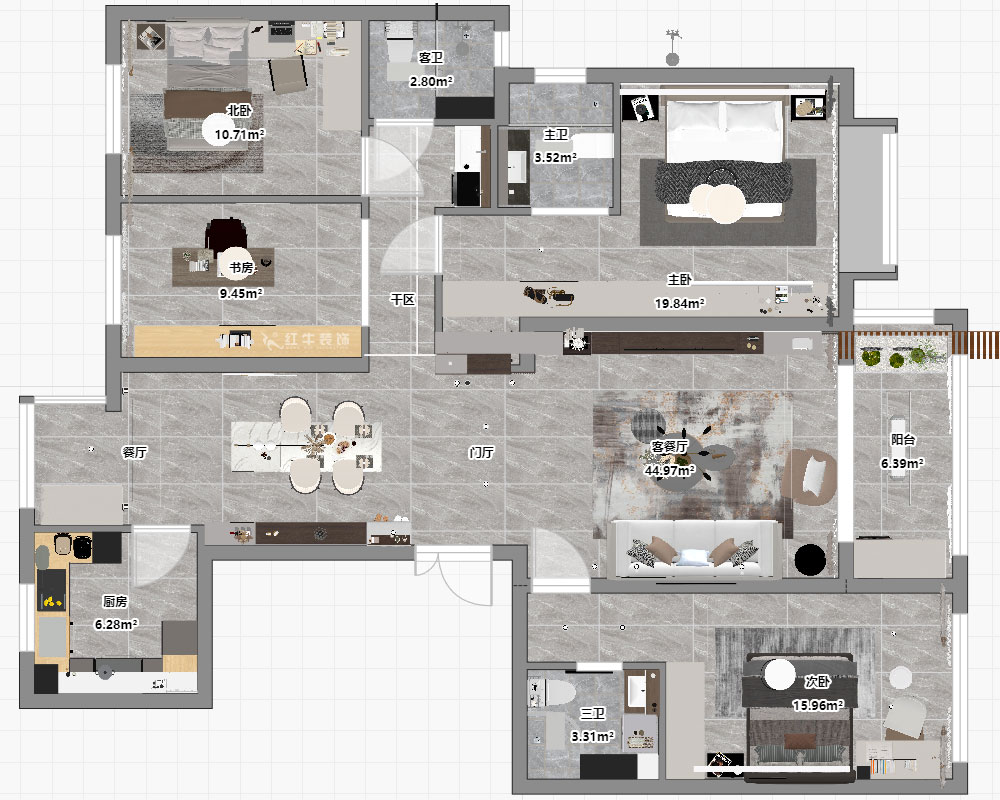 朱彥｜中海桃源里6-2-903-159㎡-現代簡約風格｜4室2廳3衛(wèi)｜新房裝修｜定制家｜全包21萬｜00_03平面彩圖