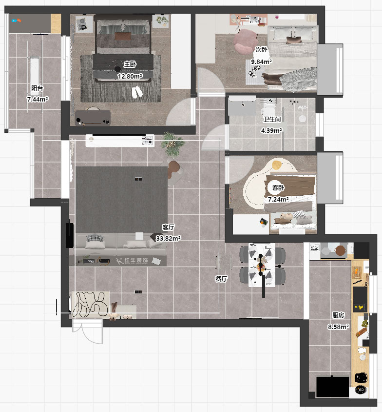 孟憲濤｜橋西苑2-1-1104-108㎡-簡約風格｜3室2廳1衛(wèi)｜老房裝修｜定制家｜全包14萬｜00_03平面彩圖