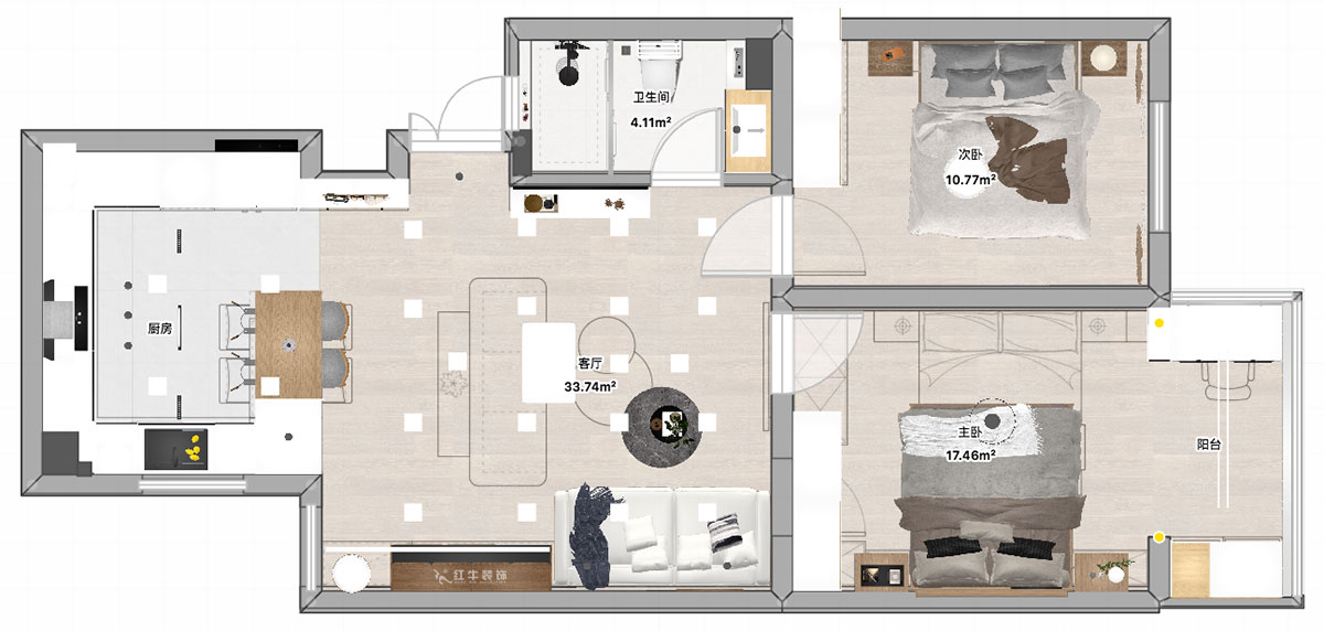 張智猿｜泰和園12-606-87㎡-現(xiàn)代風格｜2室1廳1衛(wèi)｜老房裝修｜定制家｜全包14萬｜00_04平面彩圖