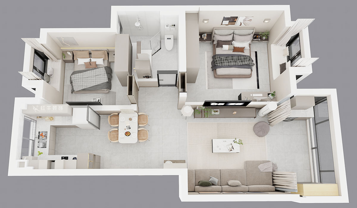 朱明琪｜挪威森林14-705-90㎡-現(xiàn)代風(fēng)格｜2室2廳1衛(wèi)｜老房裝修｜定制家｜全包13萬｜00_04鳥瞰圖