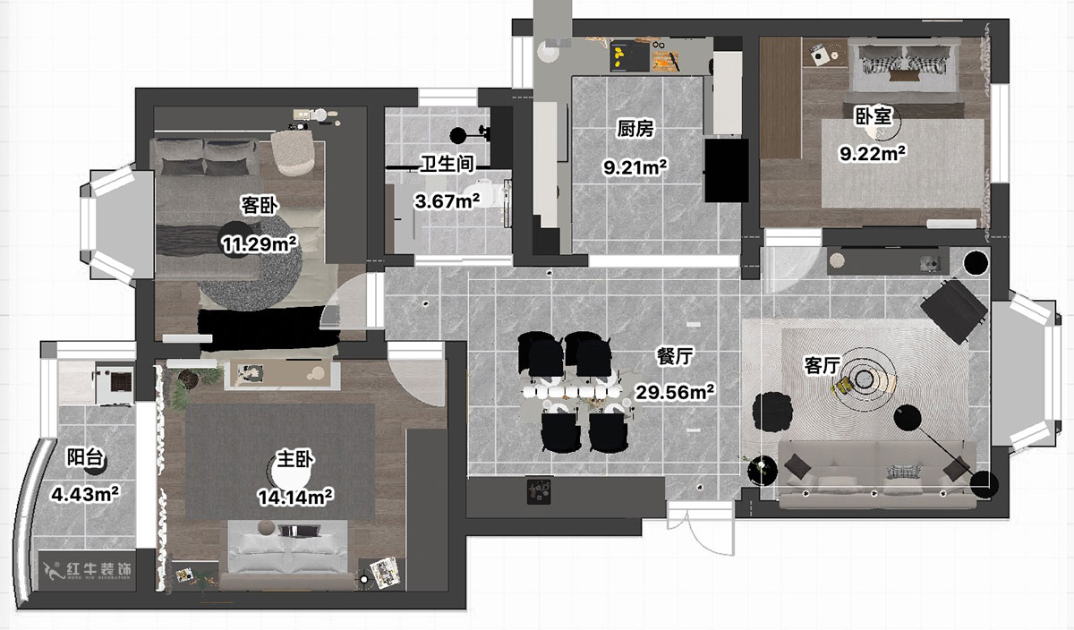 吳波｜良城美景15-1-902-105㎡-現(xiàn)代簡(jiǎn)約風(fēng)格｜3室2廳1衛(wèi)｜舊房裝修｜定制家｜全包14萬｜00_04平面彩圖