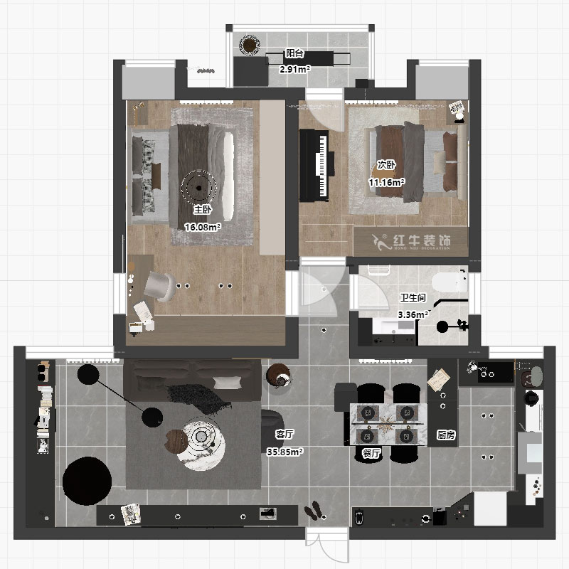 劉萍萍｜潤(rùn)花園2-2-202-94㎡-現(xiàn)代簡(jiǎn)約風(fēng)格｜2室2廳1衛(wèi)｜老房裝修｜定制家｜全包13萬(wàn)｜00_04平面彩圖