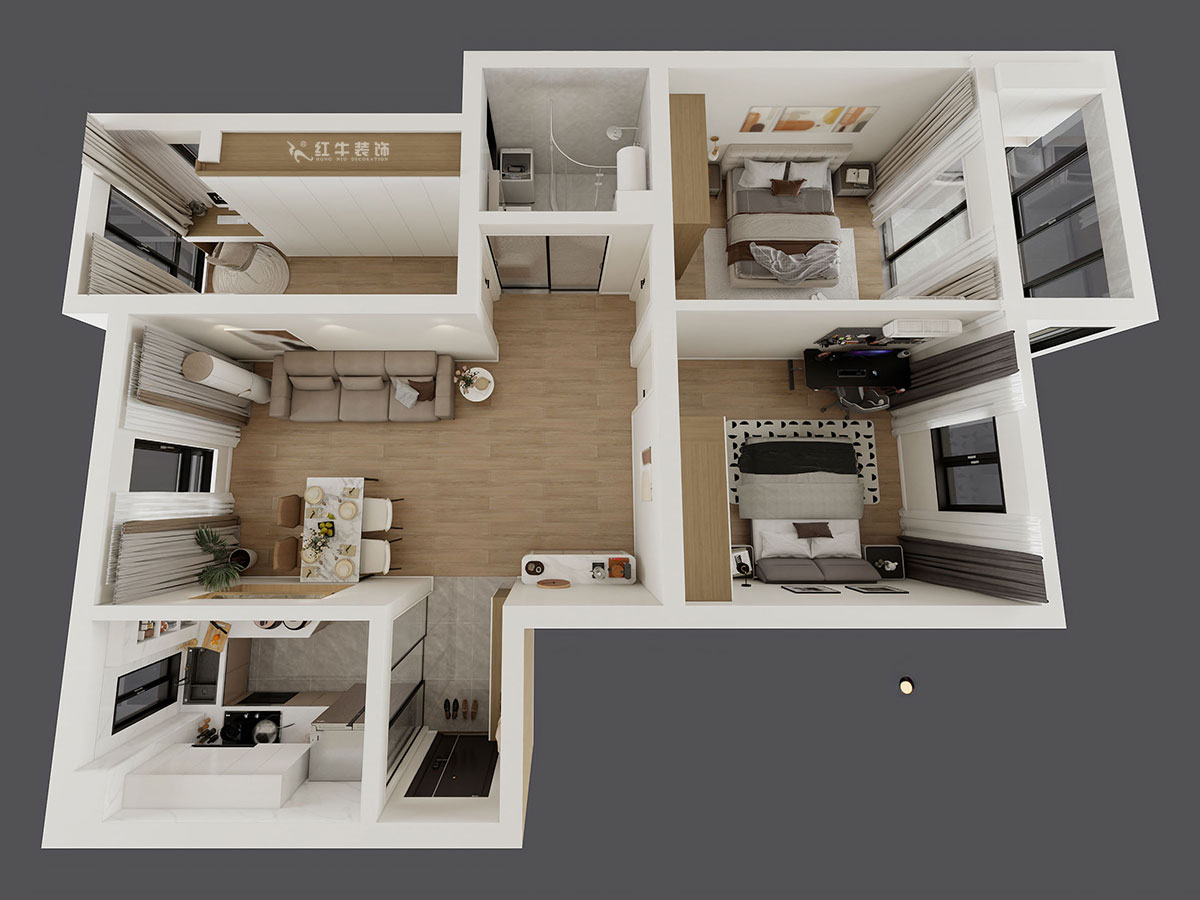 孟憲濤｜月桂園4-1005-103㎡-現(xiàn)代簡約風(fēng)格｜3室2廳1衛(wèi)｜新房裝修｜定制家｜全包14萬｜00_04鳥瞰圖