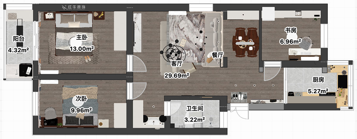 吳波｜寧工新寓一村44-502-90㎡-現(xiàn)代簡約風格｜3室2廳1衛(wèi)｜舊房裝修｜定制家｜全包12萬｜00_04平面彩圖