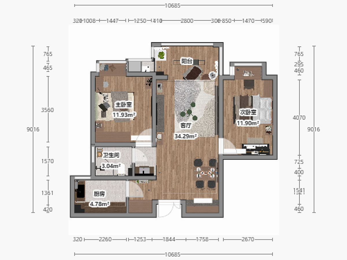 劉曉芳｜濱江雅園11-2803-87㎡-北歐風(fēng)格｜2室2廳1衛(wèi)｜新房裝修｜定制家｜全包14萬(wàn)｜00_03平面彩圖
