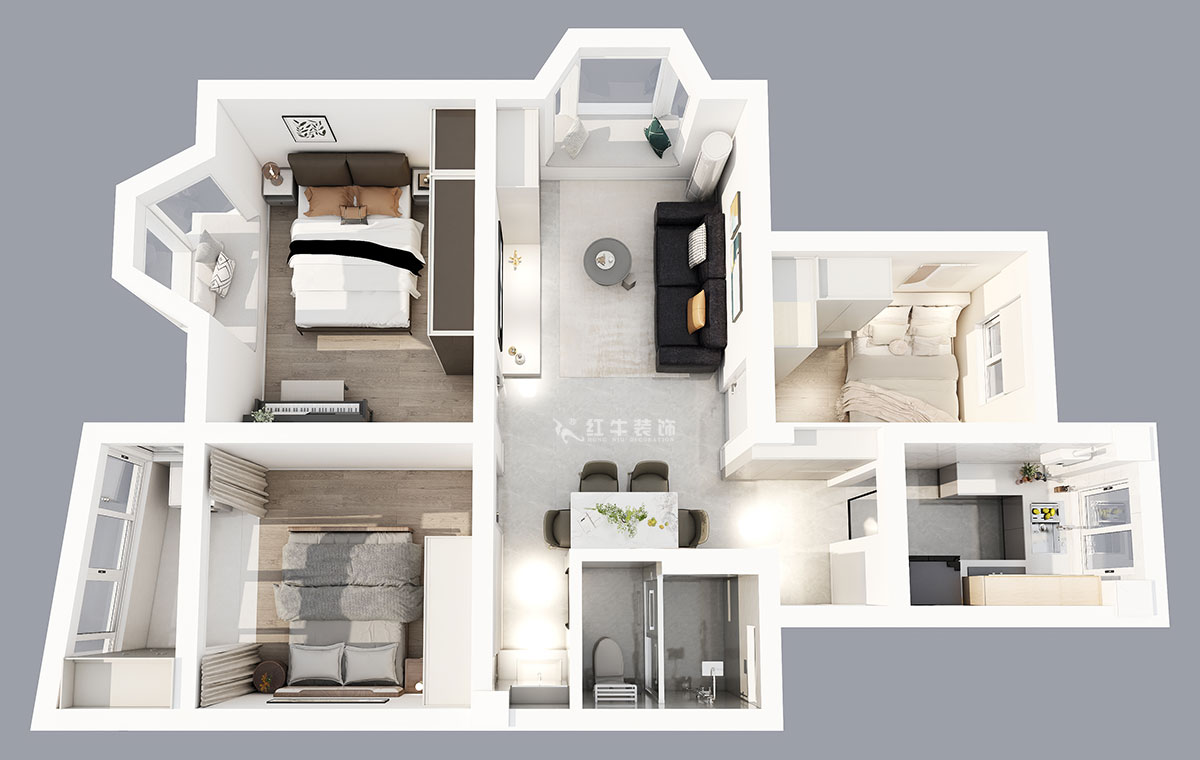 朱明琪｜曙光里4-15-102-87㎡-現(xiàn)代簡(jiǎn)約風(fēng)格｜3室1廳1衛(wèi)｜老房裝修｜定制家｜全包14萬(wàn)｜00_04鳥瞰圖